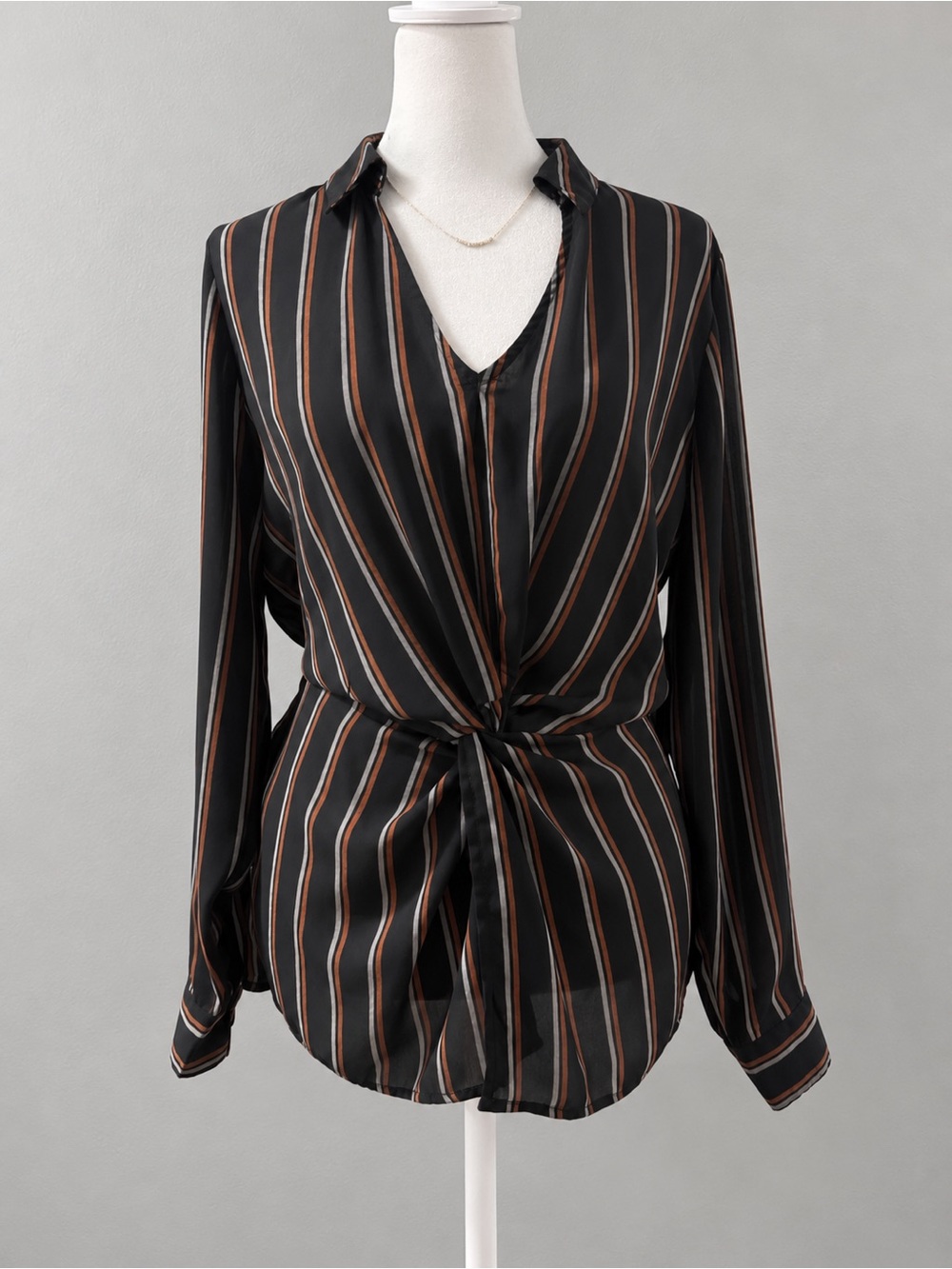Apt. 9 Women’s Small Black Rust Striped Twist Front Blouse Long Sleeve Collared